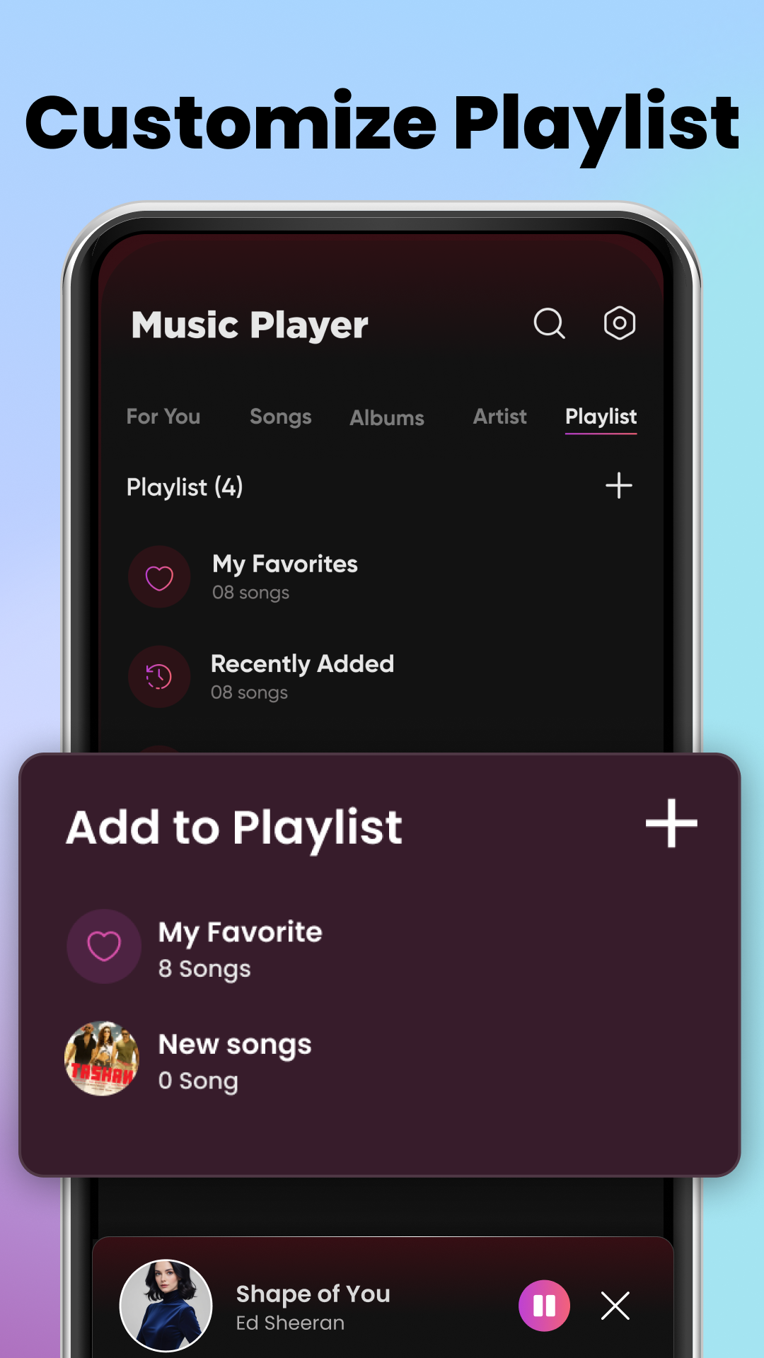 Music Player playlist customization screen